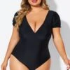 Black Wireless Puff Sleeves V-Neck One Piece Swimsuit 1 Black Wireless Puff Sleeves V-Neck One Piece Swimsuit -Meetcurve Shop b deop311001 1