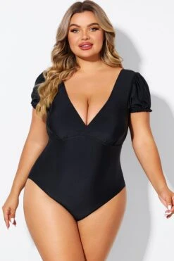 Solid Black Mesh Patchwork One Piece Swimsuit 15 Solid Black Mesh Patchwork One Piece Swimsuit -Meetcurve Shop b deop311001 1 1
