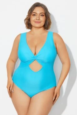 Blue Twist Knot Shimmer One Piece Swimsuit 11 Blue Twist Knot Shimmer One Piece Swimsuit -Meetcurve Shop b deop315001 4