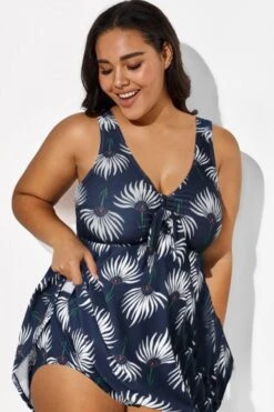 Dusty Blue Floral Print V-Neck Swimdress -Meetcurve Shop b desd001009 22