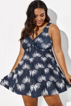 Dusty Blue Floral Print V-Neck Swimdress -Meetcurve Shop b desd001009 44