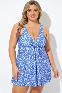 Floral Printed Tie Front V-Neck Swimdress