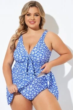 Floral Printed Tie Front V-Neck Swimdress 10 Floral Printed Tie Front V-Neck Swimdress -Meetcurve Shop b desd001012 3