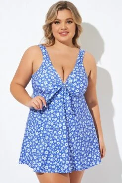 Floral Printed Tie Front V-Neck Swimdress 12 Floral Printed Tie Front V-Neck Swimdress -Meetcurve Shop b desd001012 5