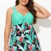 Green Flower Tie-front Wide Straps Swimdress 1 Green Flower Tie-front Wide Straps Swimdress -Meetcurve Shop b desd001014 1