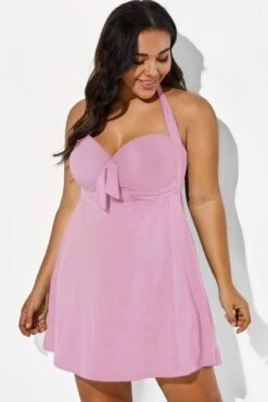 Pink Modern Self-tie Halter Straps Swimdress 9 Pink Modern Self-tie Halter Straps Swimdress -Meetcurve Shop b desd013003 11