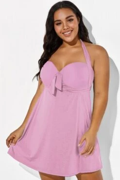 Pink Modern Self-tie Halter Straps Swimdress 10 Pink Modern Self-tie Halter Straps Swimdress -Meetcurve Shop b desd013003 44