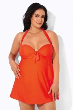 Orange Sweetheart NecklineTie-front Halter Swimdress -Meetcurve Shop b desd013004 4 1