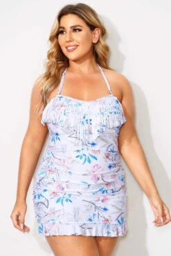 Floral Printed Fringe Bandeau Women Swimdress