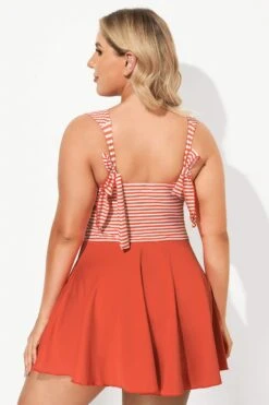 Red & White Stripe Halter Flattering Underwire Swimdress -Meetcurve Shop b desd059001 3