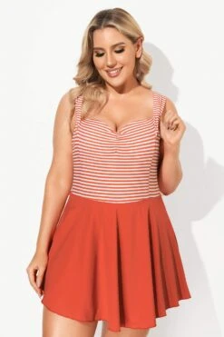 Red & White Stripe Halter Flattering Underwire Swimdress -Meetcurve Shop b desd059001 4