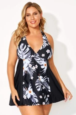 Tropical Patterns Flowers V-Neck Women Swimdress