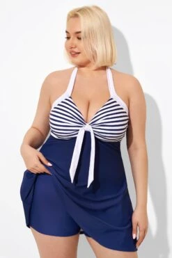 Blue Stripe Adjustable Halter Neck Swimdress -Meetcurve Shop b desd081002 3