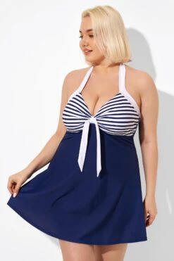 Blue Stripe Adjustable Halter Neck Swimdress -Meetcurve Shop b desd081002 4