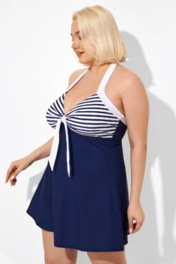 Blue Stripe Adjustable Halter Neck Swimdress -Meetcurve Shop b desd081002 5