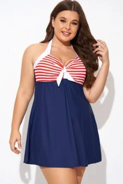 Vintage Stripe Halter Straps Women Swimdress