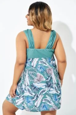Green Leaf Print Wide Strap Knot Swimdress -Meetcurve Shop b desd082001 2