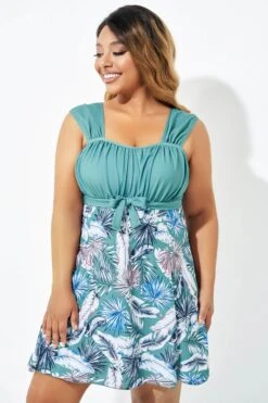 Green Leaf Print Wide Strap Knot Swimdress -Meetcurve Shop b desd082001 4