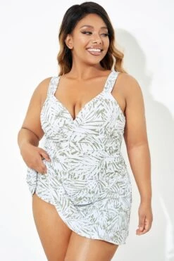 Fashionable Leaf Printed Twist Front Underwire Swimdress -Meetcurve Shop b desd084001 3