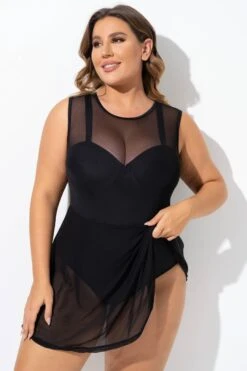 Black Mesh Underwire Hook & Eye Closure Swimdress -Meetcurve Shop b desd093001 4