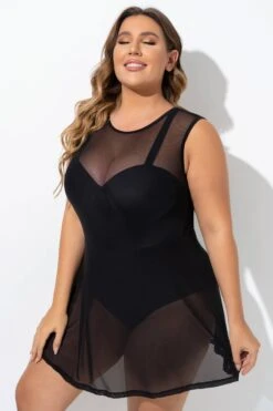 Black Mesh Underwire Hook & Eye Closure Swimdress -Meetcurve Shop b desd093001 5