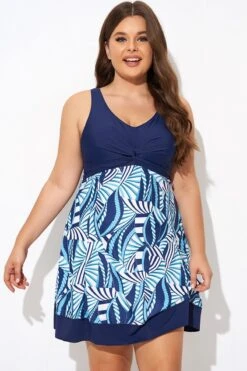 V Neck Floral Printed Patchwork Twist Front Swimdress -Meetcurve Shop b desd110001 3