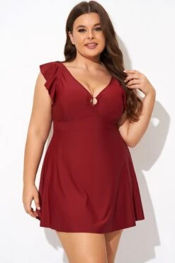 Red V-neckline Frilled Cap Sleeves Swimdress 11 Red V-neckline Frilled Cap Sleeves Swimdress -Meetcurve Shop b desd111001 5