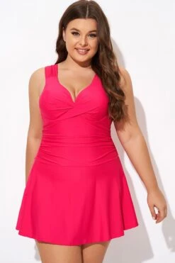 Red V-neck Twist Front Shirred Underwire Swimdress -Meetcurve Shop b desd112001 3