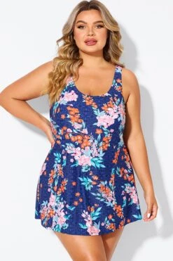 Blossoms Scoop Neckline Wide Shoulder Straps Swimdress