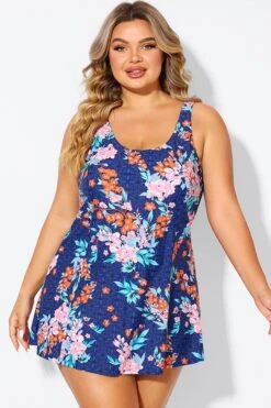 Blossoms Scoop Neckline Wide Shoulder Straps Swimdress -Meetcurve Shop b desd115001 3