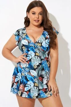 Leaf Print V-neckline Angel Sleeve Swimdress -Meetcurve Shop b desd116001 4