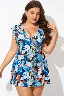 Leaf Print V-neckline Angel Sleeve Swimdress -Meetcurve Shop b desd116001 5
