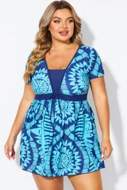 Tribal Print Cyan Short Sleeve Women Swimdress -Meetcurve Shop b desd118001 3