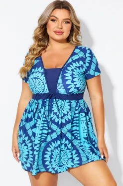 Tribal Print Cyan Short Sleeve Women Swimdress -Meetcurve Shop b desd118001 4