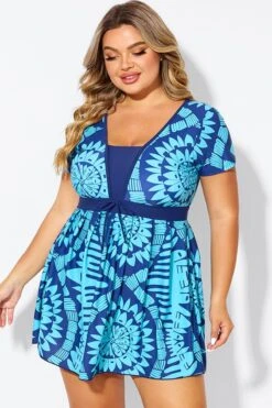 Tribal Print Cyan Short Sleeve Women Swimdress -Meetcurve Shop b desd118001 5