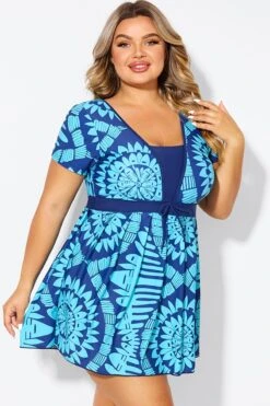 Tribal Print Cyan Short Sleeve Women Swimdress -Meetcurve Shop b desd118001 6