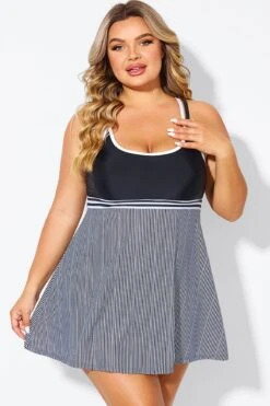Meetcurve Shop 35 Black & White Criss Cross Striped Double Strap Swimdress