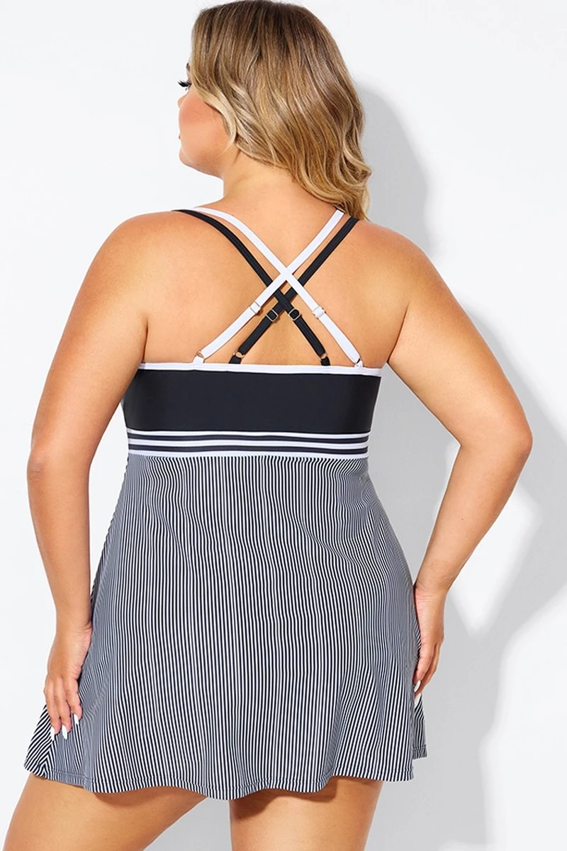 Black & White Criss Cross Striped Double Strap Swimdress 4 Black & White Criss Cross Striped Double Strap Swimdress - Image 2