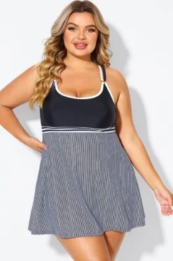Black & White Criss Cross Striped Double Strap Swimdress 10 Black & White Criss Cross Striped Double Strap Swimdress -Meetcurve Shop b desd119001 3