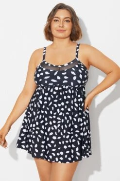 White Polka Dots Print Mesh Panel Swimdress -Meetcurve Shop b desd120001 3
