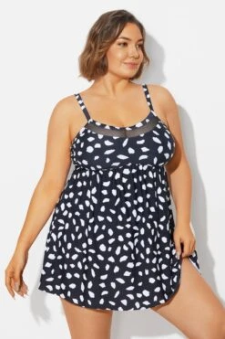 White Polka Dots Print Mesh Panel Swimdress -Meetcurve Shop b desd120001 4