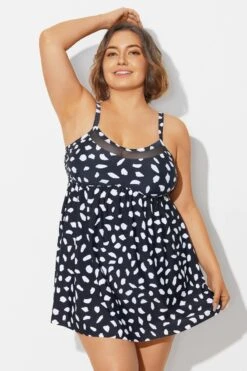 White Polka Dots Print Mesh Panel Swimdress -Meetcurve Shop b desd120001 5