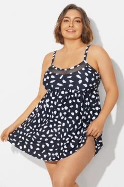 White Polka Dots Print Mesh Panel Swimdress -Meetcurve Shop b desd120001 6