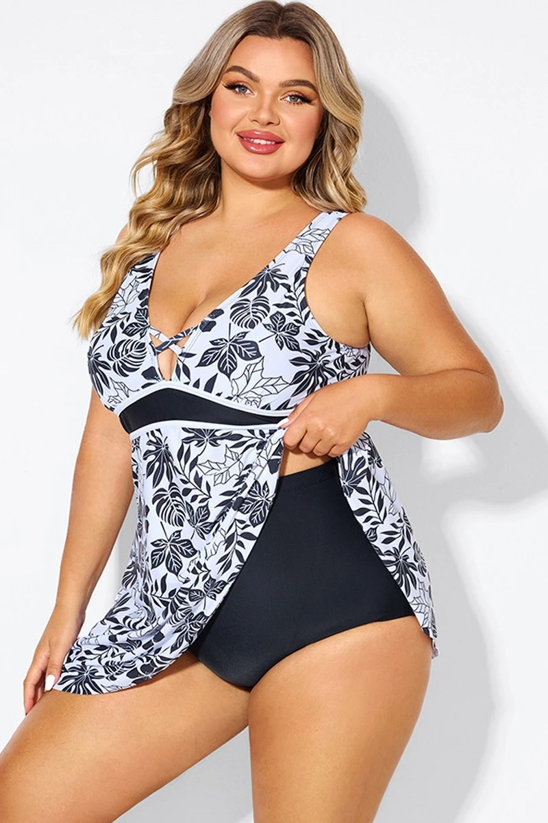 Black Floral Print Cut Out Plus Size Swimdress 7 Black Floral Print Cut Out Plus Size Swimdress - Image 5