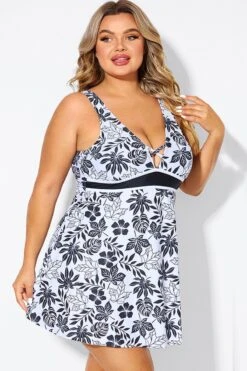 Black Floral Print Cut Out Plus Size Swimdress 13 Black Floral Print Cut Out Plus Size Swimdress -Meetcurve Shop b desd121001 6