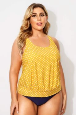 Yellow Dots Racerback Tummy Control Tankini Top -Meetcurve Shop b detan003003 4