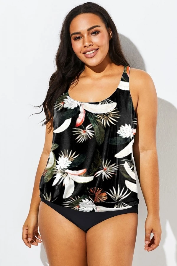 Flower Printed Round Neck Women Tankini Top 3 Flower Printed Round Neck Women Tankini Top