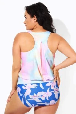 Rainbow Stylish Scoopneck Blouson Tankini Top -Meetcurve Shop b detan003007 2