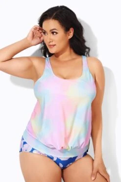 Rainbow Stylish Scoopneck Blouson Tankini Top -Meetcurve Shop b detan003007 4