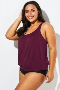 Wine Racerback Classic Blouson Tankini Top -Meetcurve Shop b detan003008 33